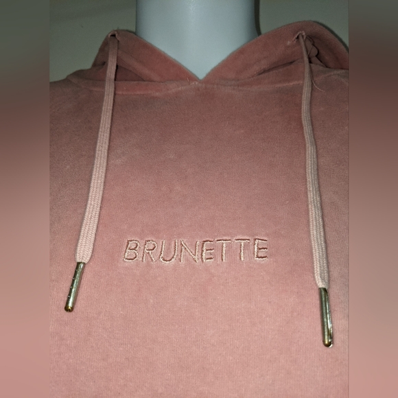 Brunette The Label Peach Pink Velour Pullover Drawstring Hoodie Sweatshirt Logo - Picture 3 of 5